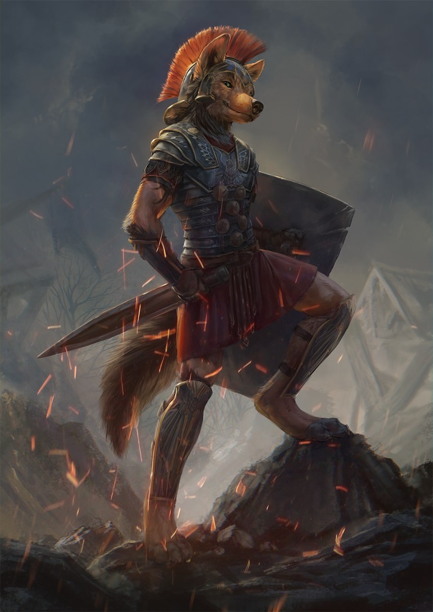 adventurer ancient_rome armor battlefield centurion decoration decorative detailed_fur fur gladius green_eyes headgear helmet hero heroic laminar_armor male medal melee_weapon military officer ornate roman rome shield smile smirk soldier solo sparks sword warrior weapon conditional_dnp latex_(artist) pharsalus_(character) canid canine canis domestic_dog mammal detailed digital_media_(artwork) hi_res