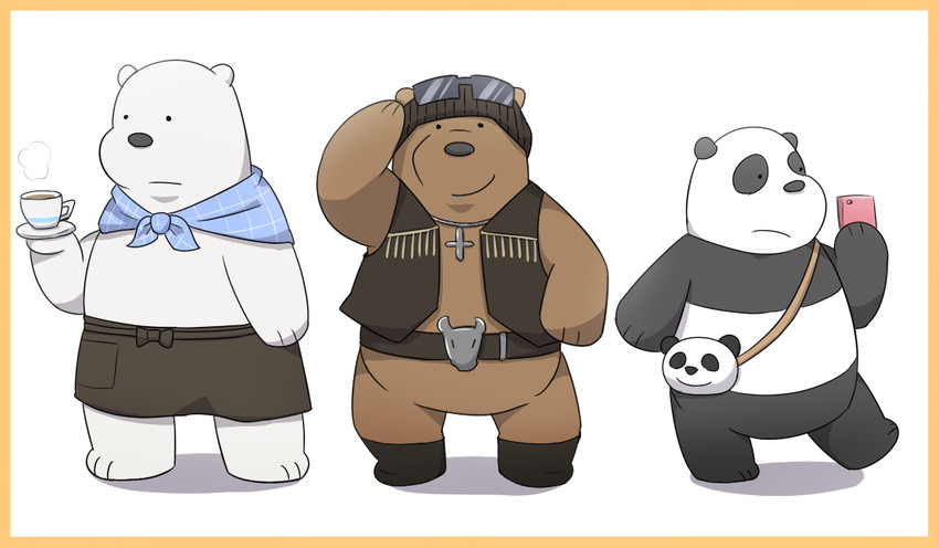 anthro apron belly black_body black_fur brown_body brown_fur clothing cosplay electronics fur group kemono male phone slightly_chubby white_body white_fur emufu cartoon_network shirokuma_cafe we_bare_bears grizzly_(shirokuma_cafe) grizzly_(we_bare_bears) ice_bear_(we_bare_bears) panda-kun panda_(we_bare_bears) shirokuma bear brown_bear giant_panda grizzly_bear mammal polar_bear ursine