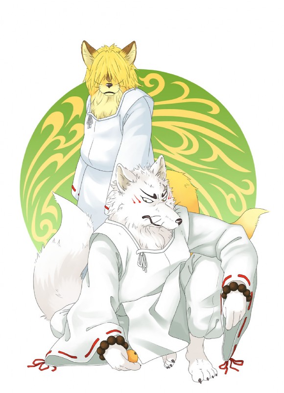 anthro asian_clothing barefoot clothed clothing duo east_asian_clothing feet food fruit fur hair hair_over_eyes japanese_clothing kimono looking_away male multi_tail orange_(fruit) plant pose tail papyrus_(artist) asian_mythology east_asian_mythology gingitsune japanese_mythology mythology gintaro kinjiro canid canine fox mammal 2009 comic digital_media_(artwork) hi_res