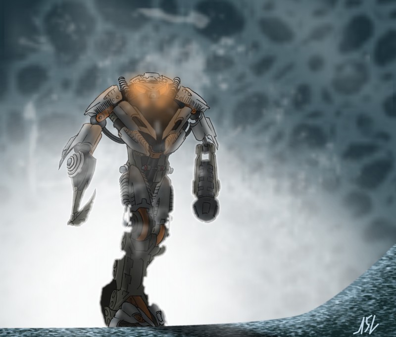 abstract_background ambiguous_gender armor backlighting biped exo-toa light machine not_furry orange_eyes solo walking weapon quynzel bionicle lego robot absurd_res digital_media_(artwork) digital_painting_(artwork) hi_res lighting shaded signature soft_shading