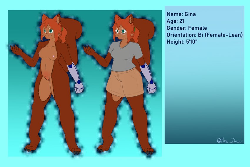 accessory anthro blue_eyes brown_body brown_fur clothed clothing female fur hair hair_accessory hairband information nude ponytail prosthetic prosthetic_arm prosthetic_limb red_hair solo kurotodraw gina_(timestay) mammal rodent sciurid tree_squirrel hi_res model_sheet