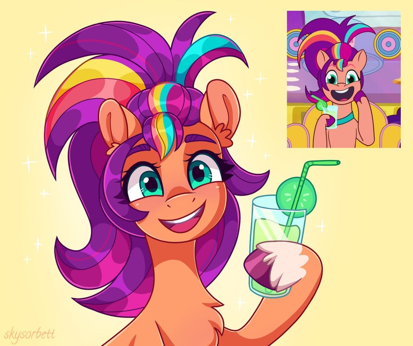 alternate_hairstyle bendy_straw beverage blue_eyes container cup drinking_glass drinking_straw eyebrows female food fruit glass glass_container glass_cup glass_tumbler hooves leg_markings lime looking_at_viewer markings open_mouth open_smile plant screencap smile socks_(marking) solo tumbler skysorbett hasbro mlp_g5 my_little_pony sunny_starscout_(mlp) earth_pony equid equine horse mammal pony hi_res