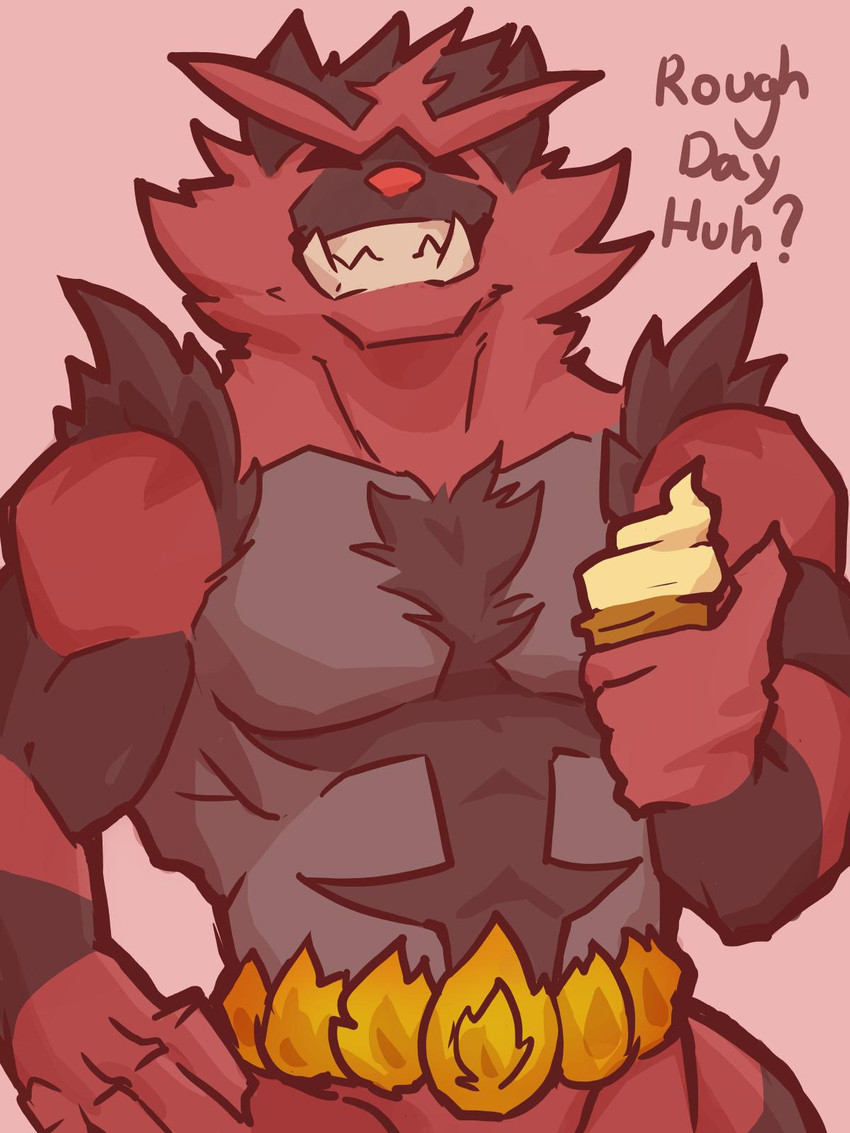 anthro black_body black_fur claws dessert dialogue eyes_closed fire food fur grin hand_on_hip holding_food holding_ice_cream holding_ice_cream_cone holding_object ice_cream ice_cream_cone male red_body red_fur simple_background smile solo teeth text fanofthefurr nintendo pokemon generation_7_pokemon incineroar pokemon_(species) 3:4 english_text hi_res