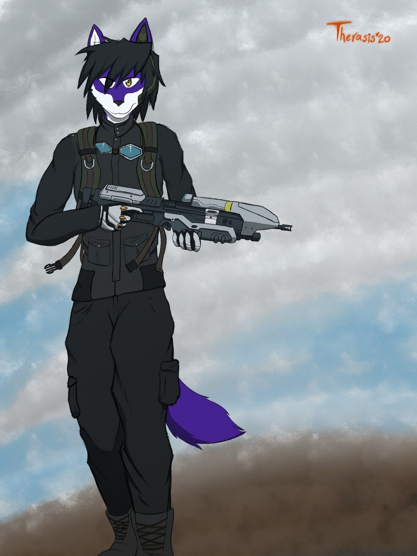 gun military ranged_weapon soldier unsc warrior weapon therasis mark_bruster canid canine canis mammal wolf 3:4 absurd_res hi_res