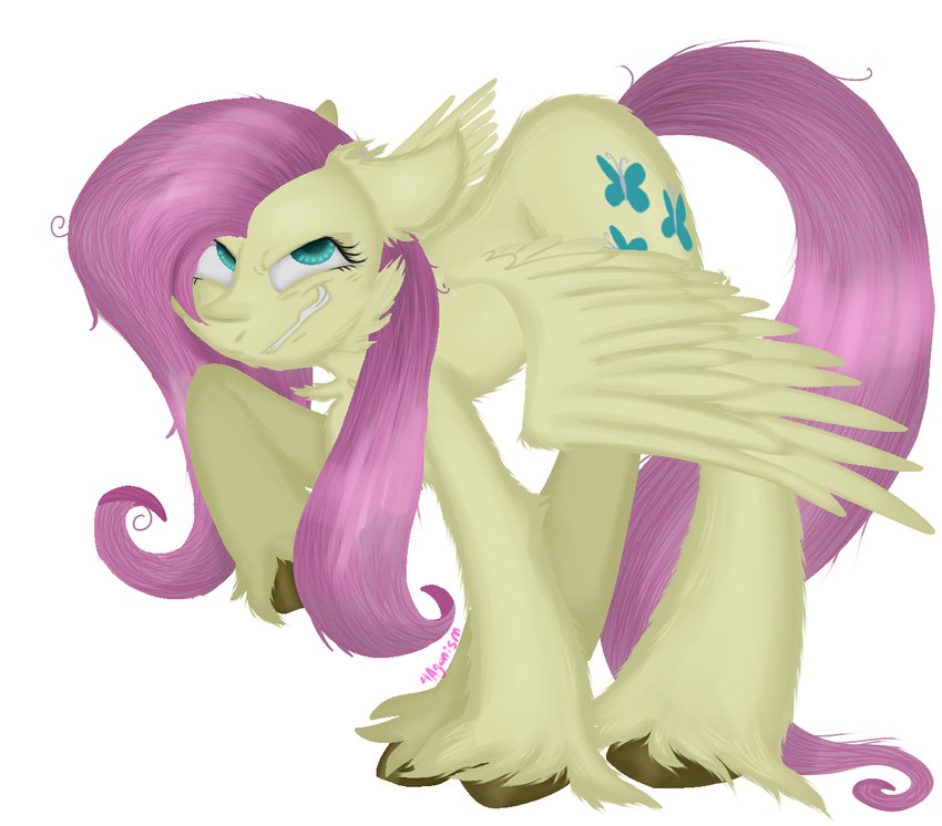 arm_tuft ass_up brown_hooves cheek_tuft chest_tuft cutie_mark ears_back elbow_tuft evil_grin eye_bags eyelashes facial_tuft feathered_wings feathers female feral fetlocks fur grin hair hooves horn leg_fluff long_tail looking_at_viewer looking_up messy_hair multicolored_hair narrowed_eyes pink_tail pivoted_ears pose quadruped raised_hoof shoulder_fluff simple_background smile solo spread_wings tail teal_eyes tuft wavy_mouth white_background wings yellow_body yellow_fur 4agonism friendship_is_magic hasbro my_little_pony mythology mean_fluttershy_(mlp) equid equine mammal mythological_creature mythological_equine pegasus 2022 digital_drawing_(artwork) digital_media_(artwork) full-length_portrait portrait