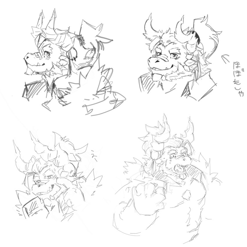 anthro chest_gem facial_hair gasp gem goatee hair horn male muscular muscular_male pecs ponytail side_view smile solo kannepaz anothereidos_of_dragon_vein_r mythology atmos_(anothereidos_r) dragon mythological_creature mythological_scalie scalie 1:1 absurd_res hi_res monochrome