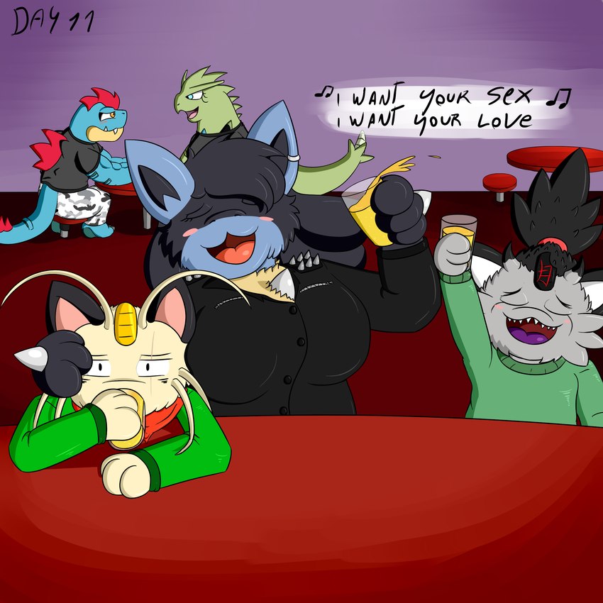 anthro drunk duo female group male male/female scar singing solo spilling_drink substance_intoxication trio midnight_meowth nintendo pokemon adam(midnightmeowth) alana(midnightmeowth) midnight_(midnightmeowth) feraligatr galarian_form galarian_meowth generation_1_pokemon generation_2_pokemon generation_4_pokemon generation_8_pokemon lucario meowth pokemon_(species) regional_form_(pokemon) tyranitar 1:1 absurd_res comic hi_res