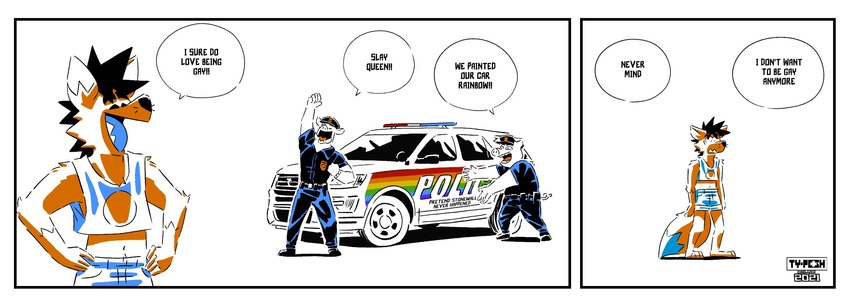 anthro border bottomwear clothing crop_top dialogue dipstick_tail humor lgbt_pride male markings pinkwashing police police_uniform police_vehicle pride_color_vehicle pride_colors rainbow rainbow_pride_colors shirt shorts six-stripe_rainbow_pride_colors solo speech_bubble standing suv tail tail_markings text topwear uniform vehicle white_border ty_pesh lgbt_pride_month tyberius_peshlakai canid canine domestic_pig mammal maned_wolf suid suine sus_(pig) 2021 comic english_text hi_res