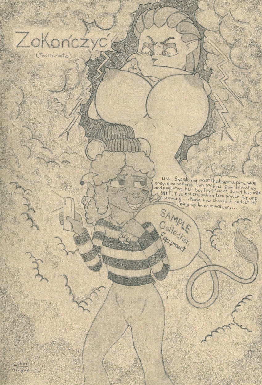 angry anthro areola banana_peel beverage_can big_breasts blush blush_lines breasts clothed clothed_anthro clothed_female clothing cracking_knuckles cutlery duo electronics female fluffy fluffy_tail group hat headgear headwear holding_object holding_phone humor imminent_danger kitchen_utensils lightning_bolt long_tail looking_back looking_down nipples nude nude_anthro nude_female object_in_hair oblivious pattern_clothing phone sack spork striped_clothing stripes tail text tools under_boob whiskers lobar helena_(lobar) ka_sarra mammal murid murine porcupine rat rodent hi_res polish_text traditional_media_(artwork)