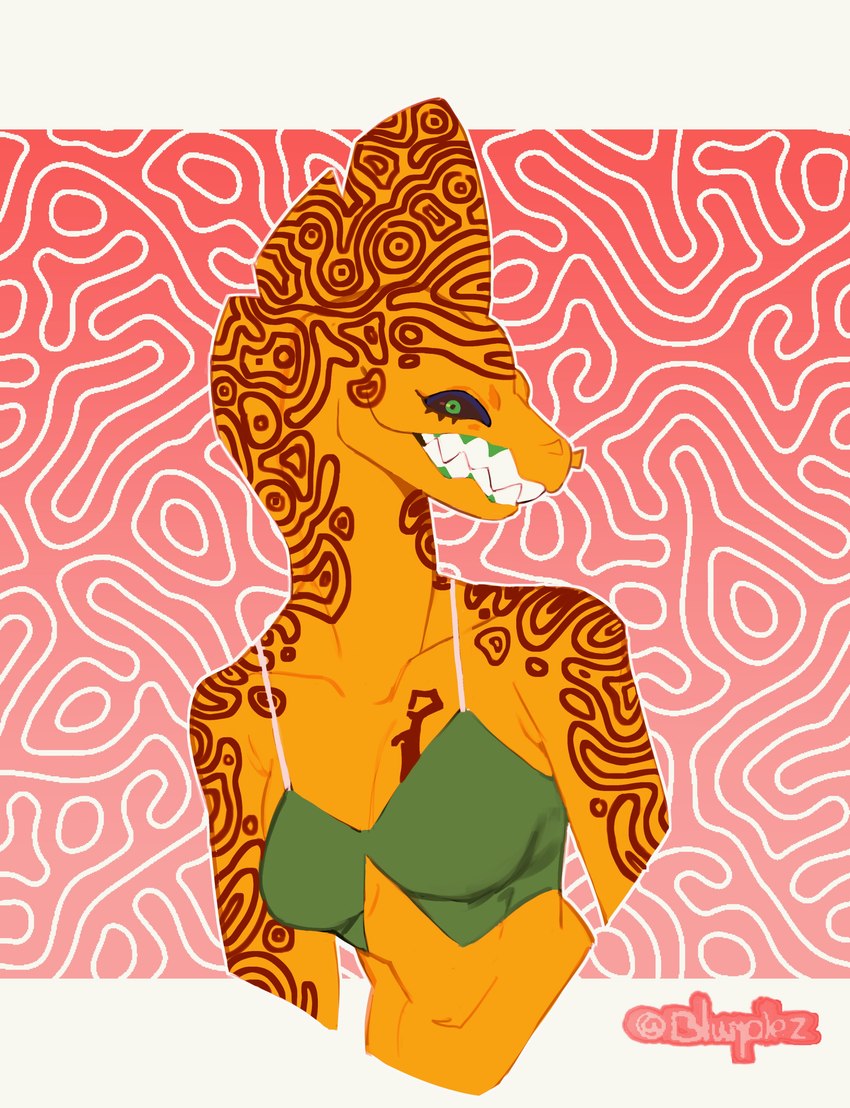 anthro breasts female green_eyes green_gums markings navel solo blurplez ela_(zed-s) eel fish marine absurd_res hi_res