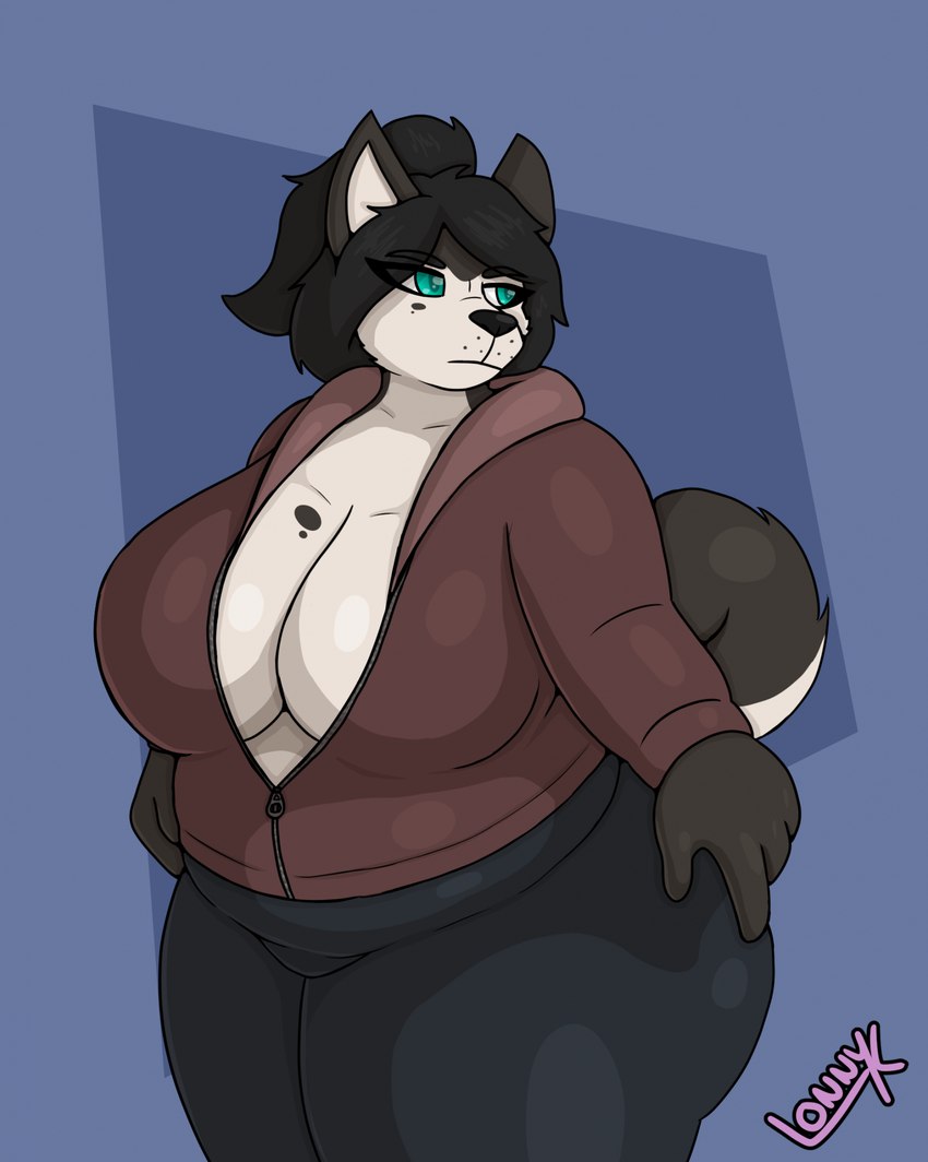 anthro belly belly_overhang big_belly big_breasts breasts cleavage clothed clothing female overweight overweight_anthro overweight_female plunging_neckline slightly_chubby solo sweatshirt thick_thighs unzipped_jacket wide_hips lonnyk kayla_(lonnyk) canid canine canis domestic_dog husky mammal nordic_sled_dog spitz hi_res