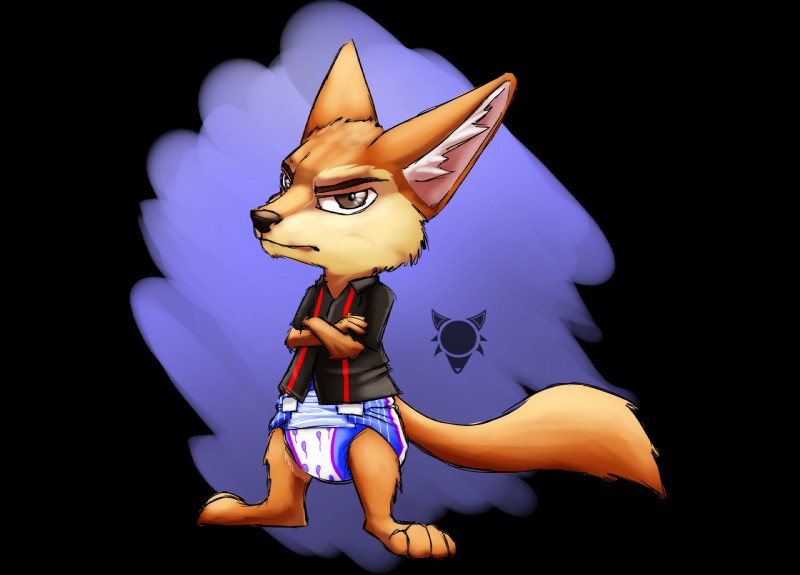 abstract_background anthro big_ears brown_body brown_eyes brown_fur clean_diaper clothed clothing diaper fur looking_at_viewer male paws simple_background solo wearing_diaper white_diaper furrychrome disney zootopia finnick_(zootopia) canid canine fennec_fox fox mammal true_fox alpha_channel hi_res watermark