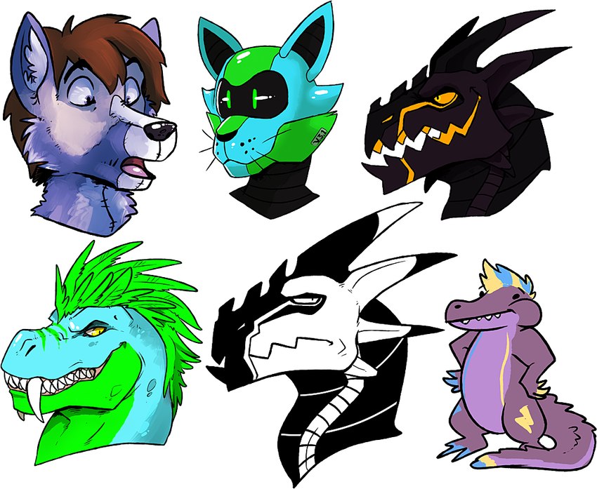 anthro big_fangs black_horn black_nose blonde_hair blue_body blue_hair brown_hair cheek_tuft dot_eyes facial_tuft fangs fur glistening glistening_nose green_body grey_body grey_ears grey_fur hair hand_on_hip horn inner_ear_fluff looking_aside machine mouth_closed open_mouth orange_sclera purple_body purple_tail solo tail teeth tuft whiskers white_inner_ear_fluff yellow_eyes imperatorcaesar mythology volteer_(binturongboy) crocodilian dragon mythological_creature mythological_scalie reptile robot scalie headshot_portrait multiple_images portrait