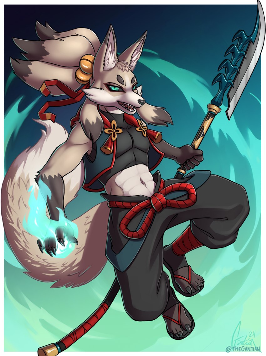 anthro bell belt clothed clothing fire fireball fluffy fluffy_tail footwear glaive holding_object holding_weapon jumping leg_wraps male melee_weapon midriff naginata navel ninja open_clothing open_topwear pecs polearm ribbons rope rope_belt sandals shoes solo tail tassels topwear warrior weapon wraps thegantian genji canid canine fox mammal hi_res