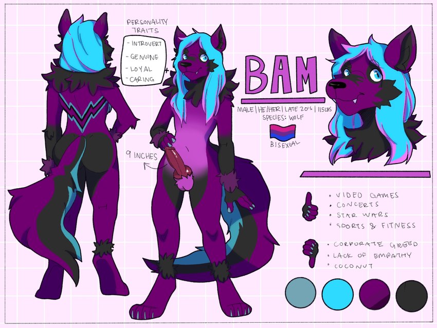 anthro blue_eyes blue_hair femboy fur genitals hair long_hair male penis purple_body purple_fur solo text mortsy bam canid canine canis mammal wolf 4:3 english_text hi_res model_sheet