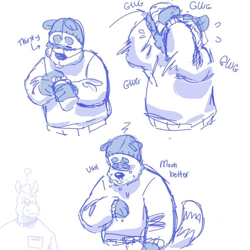 anthro beard black_ears black_hands black_nose blue_outline breath brown_body brown_fur clothing dialogue diamond_(marking) drinking eyebrows eyes_always_closed eyes_closed eyewear facial_hair frown fur glasses male markings outline panting question_mark shirt simple_background standing striped_markings striped_tail stripes stubble sweater tail tail_markings text thick_eyebrows tongue tongue_out topwear whisker_spots white_background p_rindustries elubbb_(p_rindustries) p_rindustries_(p_rindustries) canid canine equid equine horse mammal raccoon_dog tanuki 1:1 english_text hi_res monochrome