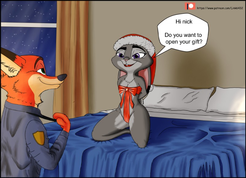 anthro black_bars bound clothing detailed_background duo female fur gift gift_wrapped grey_body grey_fur holidays male orange_body orange_fur person_as_gift person_present scut_tail short_tail tail text link6432 christmas disney zootopia judy_hopps nick_wilde canid canine canis fox lagomorph leporid mammal rabbit red_fox true_fox 2020 digital_media_(artwork) english_text letterbox