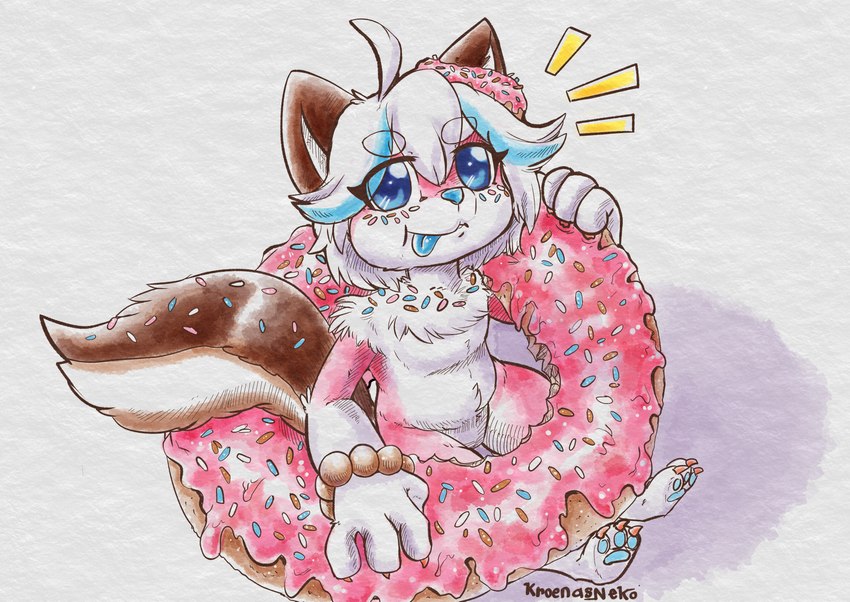 ahoge anthro blue_eyes blue_highlights blue_nose blue_pawpads blue_tongue dessert doughnut eye_through_hair eyebrow_through_hair eyebrows food fur hair highlights_(coloring) male multicolored_body multicolored_fur pastry pawpads pink_body pink_fur simple_background sitting solo sprinkles tongue tongue_out translucent translucent_hair white_background white_body white_fur kroenasneko donut_(misterdonut) canid canine canis domestic_dog food_creature mammal absurd_res hi_res