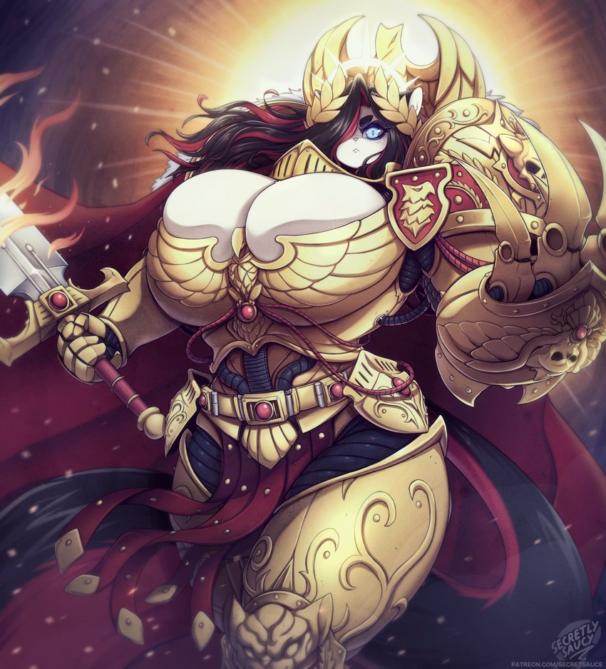 anthro armor aureola big_breasts black_hair blue_eyes boob_armor breasts claw_(weapon) clawed_gauntlets cleavage cleavage_overflow clothed clothing cosplay female fire flaming_sword gauntlets_(weapon) gold_(metal) gold_armor hair hair_over_eye highlights_(coloring) holding_melee_weapon holding_object holding_sword holding_weapon huge_breasts laurel_wreath long_hair looking_at_viewer machine melee_weapon multicolored_hair power_armor red_highlights solo standing sword tail thick_thighs two_tone_hair weapon secretly_saucy warhammer_(franchise) warhammer_40000 emperor_of_mankind nikki_(saucy) domestic_cat felid feline felis mammal 2024 absurd_res hi_res