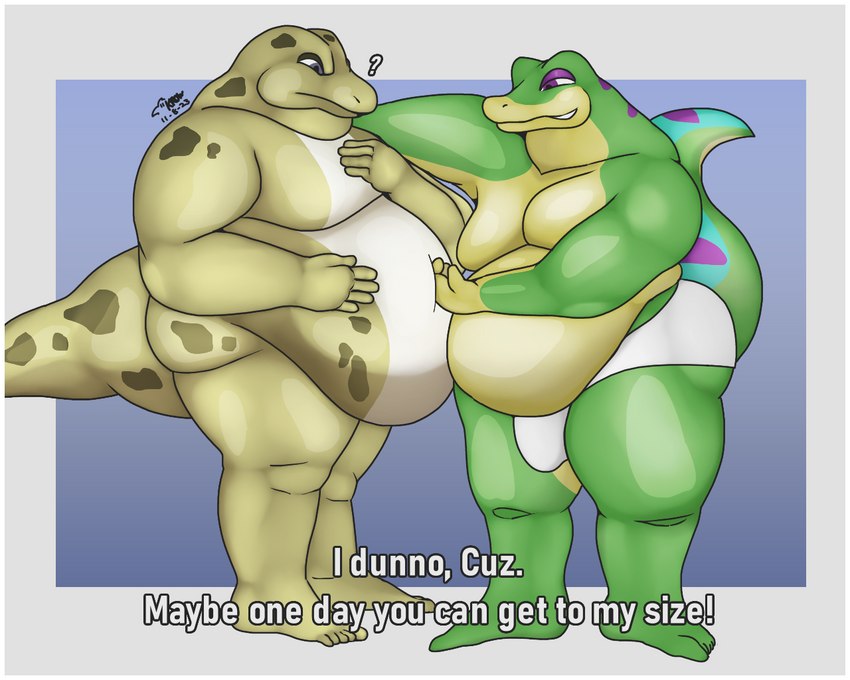 anthro belly belly_overhang belly_to_belly big_belly big_butt border briefs bulge butt clothing convenient_censorship dialogue duo green_body hand_on_another's_belly male male/male moobs nude obese obese_male overweight overweight_anthro overweight_male question_mark simple_background tail talking_to_another talking_to_partner text thick_tail thick_thighs underwear white_border krowbutt gex_(series) cuz_(gex) gex_the_gecko gecko lizard reptile scalie 5:4 english_text cousins_(lore)