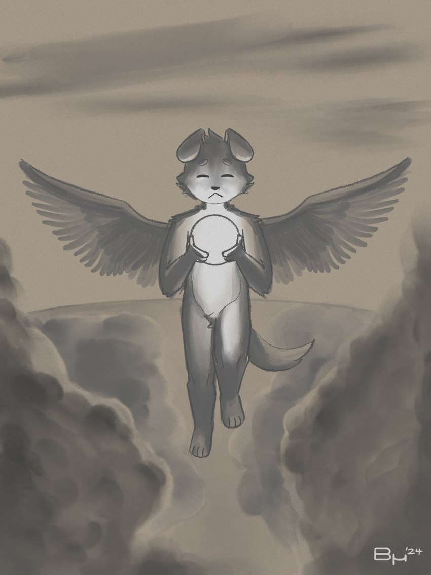 ambiguous_gender angelic anthro ball cloud divine eyes_closed feathered_wings feathers holding_object sky solo tail wings bruno_borker angel border_collie canid canine canis collie domestic_dog herding_dog mammal pastoral_dog sheepdog hi_res