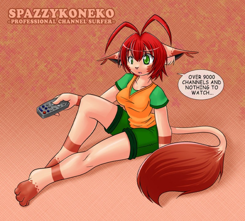 4_toes anthro barefoot bottomwear clothed clothing controller feet female green_eyes hair plantigrade reclining red_hair remote_control shirt shorts solo tail tail_tuft toes topwear tuft nekonny koneko_(spazzykoneko) felid mammal