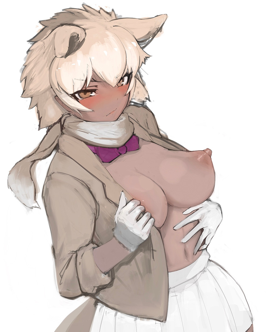 big_breasts blush bottomwear bow_tie breasts brown_eyes clothing dark_body dark_skin exposed_breasts female gloves hair handwear jacket looking_at_viewer nipples scarf short_hair simple_background skirt solo tan_hair topwear shibori_kasu kemono_friends tsunko animal_humanoid canid canid_humanoid canine canine_humanoid humanoid mammal mammal_humanoid wolf_humanoid 4:5 hi_res