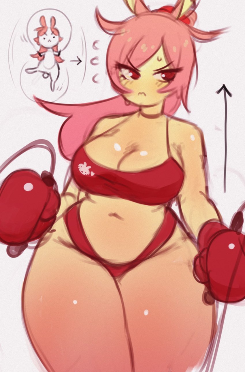 athletic athletic_wear big_breasts bottomwear boxing_gloves breasts cleavage clothed clothing directional_arrow female female_humanoid front_view frown gradient_body gradient_skin hair handwear jump_rope mouth_closed narrowed_eyes navel pink_hair rabbit_ears red_bottomwear red_boxing_gloves red_clothing red_eyes red_handwear red_topwear simple_background slightly_chubby slightly_chubby_female slightly_chubby_humanoid solo thick_thighs topwear white_background wide_hipped_female wide_hipped_humanoid wide_hips yellow_body yellow_skin mochabaebae tebu_(mochabaebae) animal_humanoid humanoid lagomorph lagomorph_humanoid leporid_humanoid mammal mammal_humanoid rabbit_humanoid 2023 digital_media_(artwork) hi_res portrait three-quarter_portrait