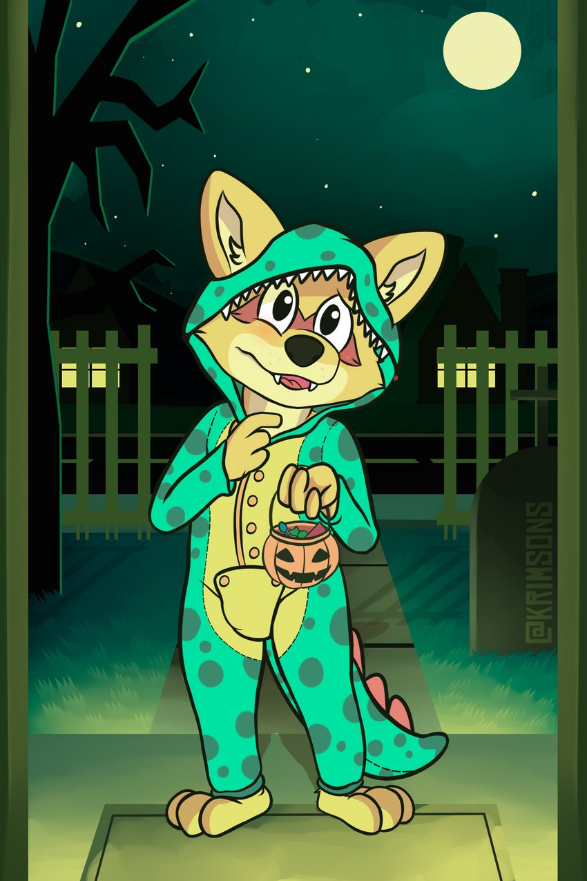 anthro clothing costume dinosaur_costume male night outside plant sidewalk solo tombstone tree young krimsomskaizo mammal procyonid raccoon 2:3 absurd_res hi_res