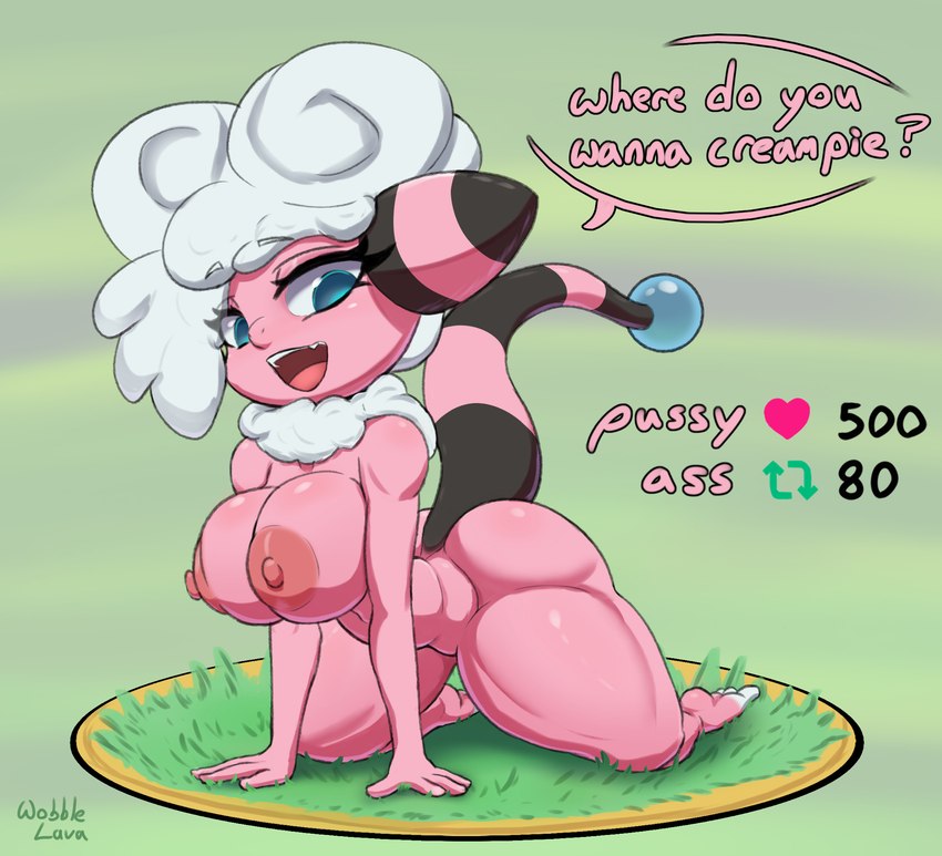 all_fours anthro areola big_breasts big_butt breasts butt dialogue female fur hair neck_tuft nipples nude on_grass open_mouth pink_areola pink_body pink_fur pink_nipples question solo speech_bubble thick_thighs tuft white_hair wobblelava nintendo pokemon twitter bovid caprine flaaffy generation_2_pokemon mammal pokemon_(species) 2023 hi_res