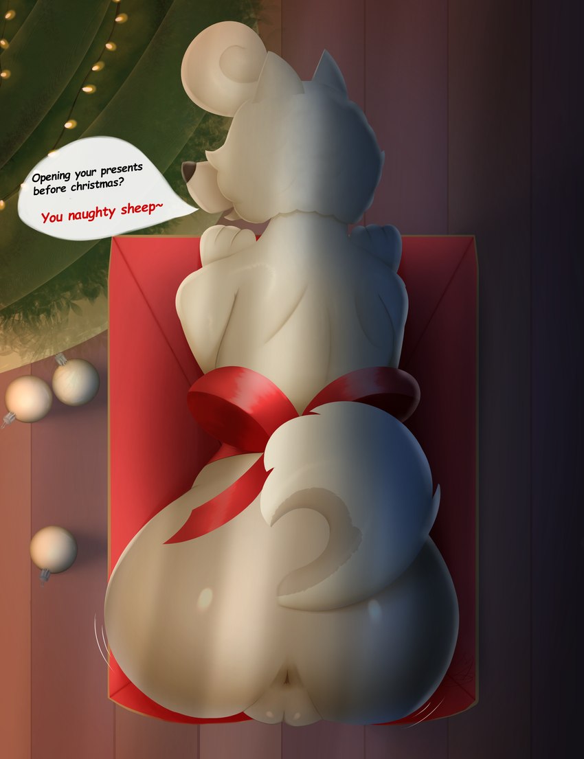 anthro big_butt bow_ribbon box butt christmas_decorations christmas_lights christmas_tree container female fur genitals gift gift_bow gift_box holidays nude plant pussy simple_background smile solo tail text tree beatbox474 bluey_(series) christmas wendy_(bluey) canid canine canis chow_chow domestic_dog mammal spitz absurd_res digital_media_(artwork) english_text hi_res