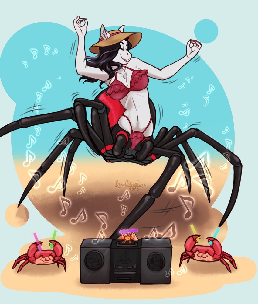 :3 beach bikini breasts chest_tuft cleavage clothed clothing dancing female feral glowstick hat headgear headwear musical_note musical_symbol navel rave seaside summer_hat swimwear symbol tuft two-piece_swimsuit wide_brim_hat blackblood-queen crab_rave hasbro my_little_pony charlotte_silk_(oc) fan_character arachnid arachnid_taur arthropod arthropod_taur crab crustacean decapoda equid equine horse malacostracan mammal marine pony spider spider_taur spiderpony taur absurd_res hi_res