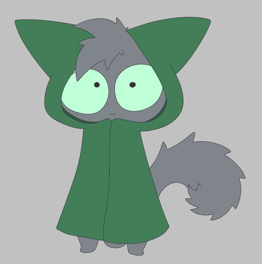 cloak clothed clothing fluffy fluffy_hair fluffy_tail green_cloak green_clothing green_sclera grey_background grey_body hair looking_at_viewer male pupils silly simple_background small_pupils solo spooked tail toony tuft gooblie_2 isaac_(gooblie_ii) domestic_cat felid feline felis mammal absurd_res hi_res