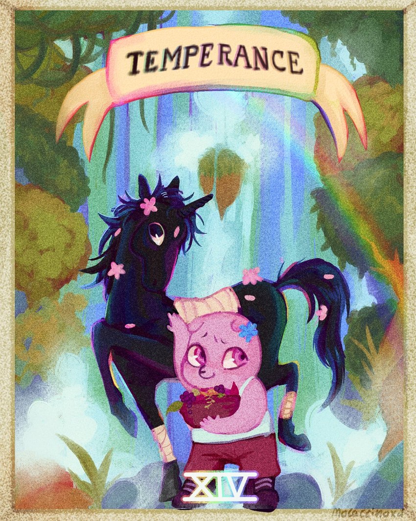 anthro bandage biped black_body bottomwear card card_template clothing duo feral flower fortune_telling horn iridescent iridescent_fur iridescent_mane iridescent_tail major_arcana pants plant rainbow shirt tarot tarot_card temperance_(tarot) topwear mocaccinoxd mythology unicorn_wars gordi_(unicorn_wars) maria_(unicorn_wars) bear equid equine mammal mythological_creature mythological_equine unicorn 2023 4:5 hi_res