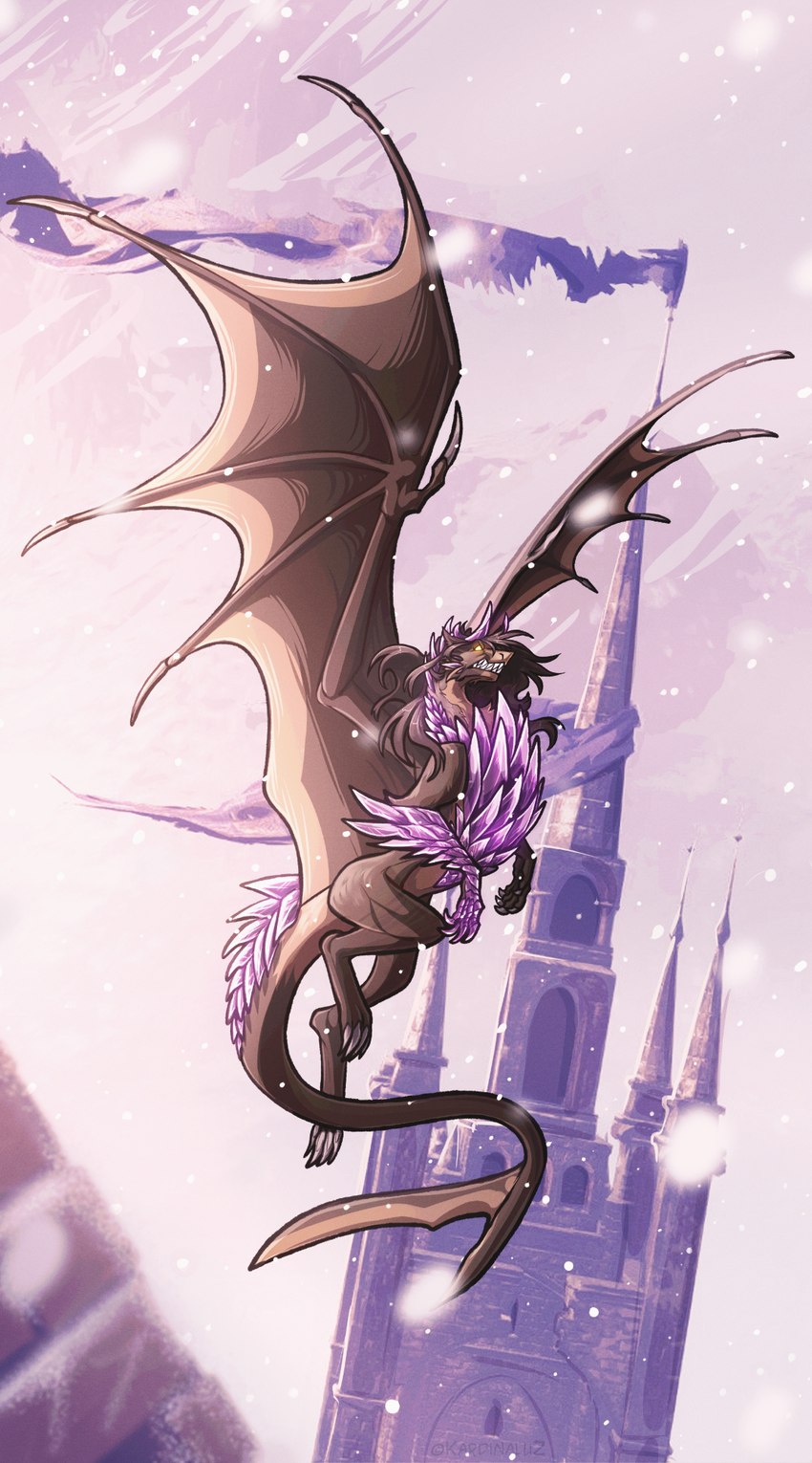 ambiguous_gender bared_teeth brown_body brown_wings castle empty_eyes feral membrane_(anatomy) membranous_wings outside purple_body solo text wings yellow_eyes kardinaluz mythology dragon mythological_creature mythological_scalie scalie artist_name hi_res