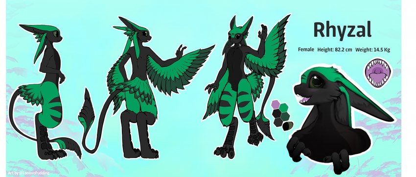 3_fingers 3_toes 4_ears anthro biped black_body black_claws black_feathers blue_background claws color_swatch digitigrade feathered_wings feathers featureless_crotch feet female female_anthro fingers front_view green_body green_feathers green_sclera height hexagon information long_ears measurements mouth_shot multi_ear nude nude_anthro nude_female open_mouth outline paws rear_view side_view simple_background solo standing tail teeth text toes weights white_outline winged_arms wings gingerrey rhyzal avali avian 2023 bust_portrait character_name english_text hi_res model_sheet portrait female_(lore)