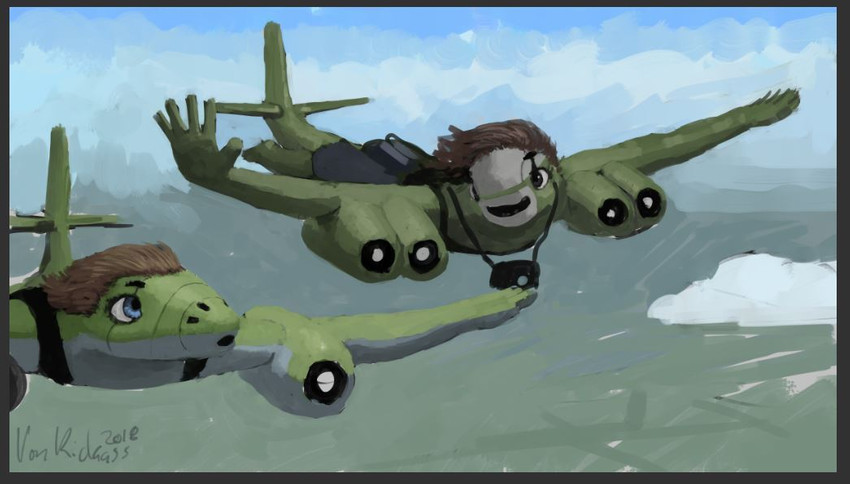 aircraft airplane ambiguous_gender anthro ar_234 arado black_text blue_eyes bomber border brown_border brown_hair cloud duo fighter_plane flying gesture green_body hair jet machine me_262 smile text vehicle waving waving_hand windswept_hair world_war_2 vonkickass messerschmitt aircraft_humanoid living_aircraft living_machine living_vehicle 2018 signature