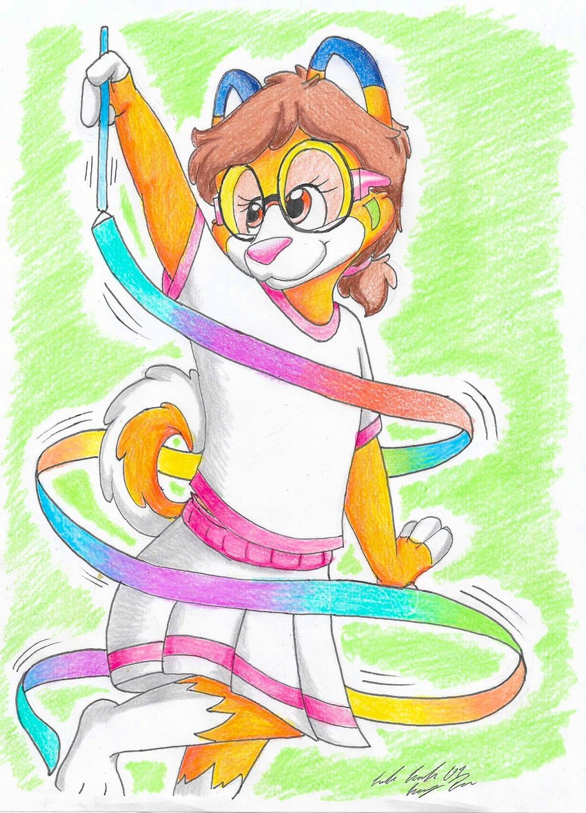 anthro bottomwear clothing dancing eyewear female glasses playing ribbons skirt solo young young_anthro young_female silversimba01 canid canine canis domestic_dog husky mammal nordic_sled_dog siberian_husky spitz hi_res traditional_media_(artwork)