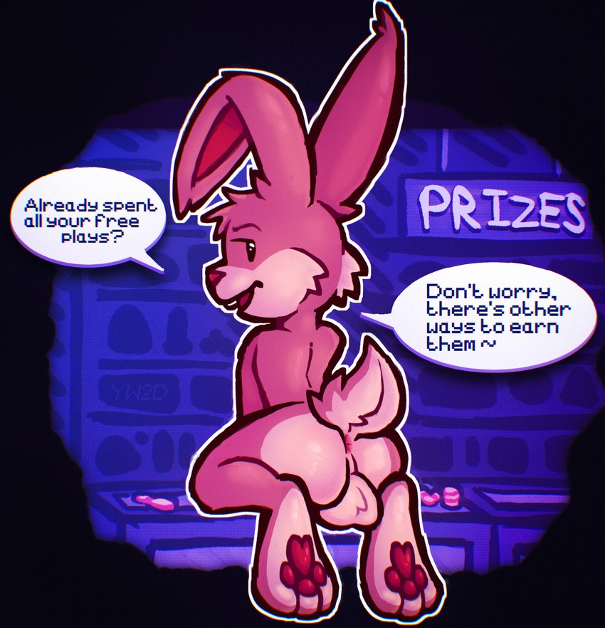 anthro anus arcade backsack balls buckteeth butt dialogue feet genitals kneeling looking_at_viewer looking_back male mascot nude on_counter open_mouth pawpads paws presenting rear_view solo speech_bubble teeth text yunowhotodo nintendo nintendo_badge_arcade arcade_bunny lagomorph leporid mammal rabbit english_text hi_res