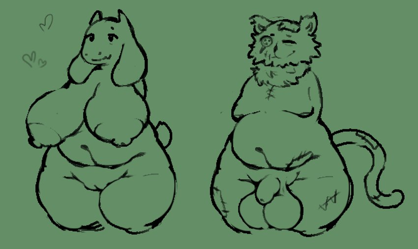 anthro balls breasts duo female fur genitals male mature_female nipples nude overweight penis plushie pussy simple_background tail thick_thighs unknown_artist deltarune undertale_(series) seam_(deltarune) toriel animate_inanimate boss_monster_(undertale) bovid caprine darkner domestic_cat felid feline felis goat living_plushie mammal digital_media_(artwork) source_request