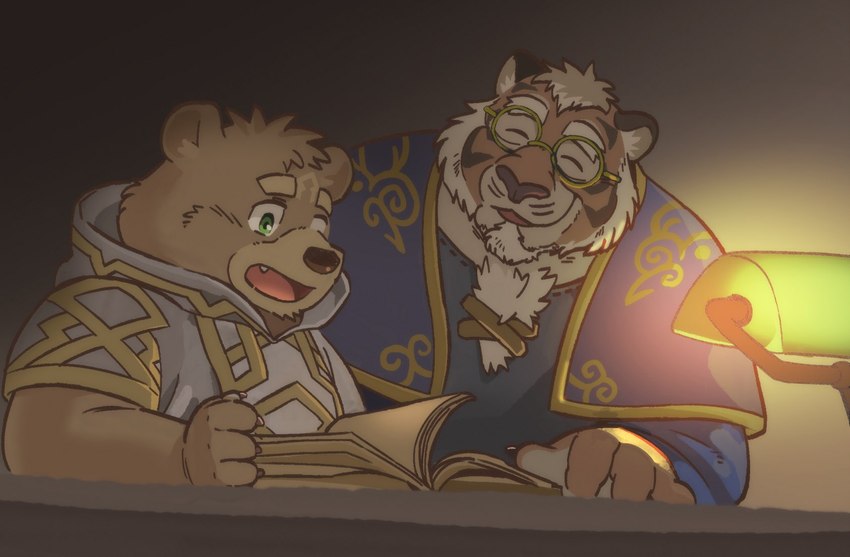 anthro book brown_body brown_fur clothing duo eyewear fur glasses green_eyes lamp male priest reading robe slightly_chubby striped_body striped_fur stripes tattoo garouzuki crave_saga gabu_(crave_saga) remaias_(crave_saga) bear felid mammal pantherine tiger hi_res