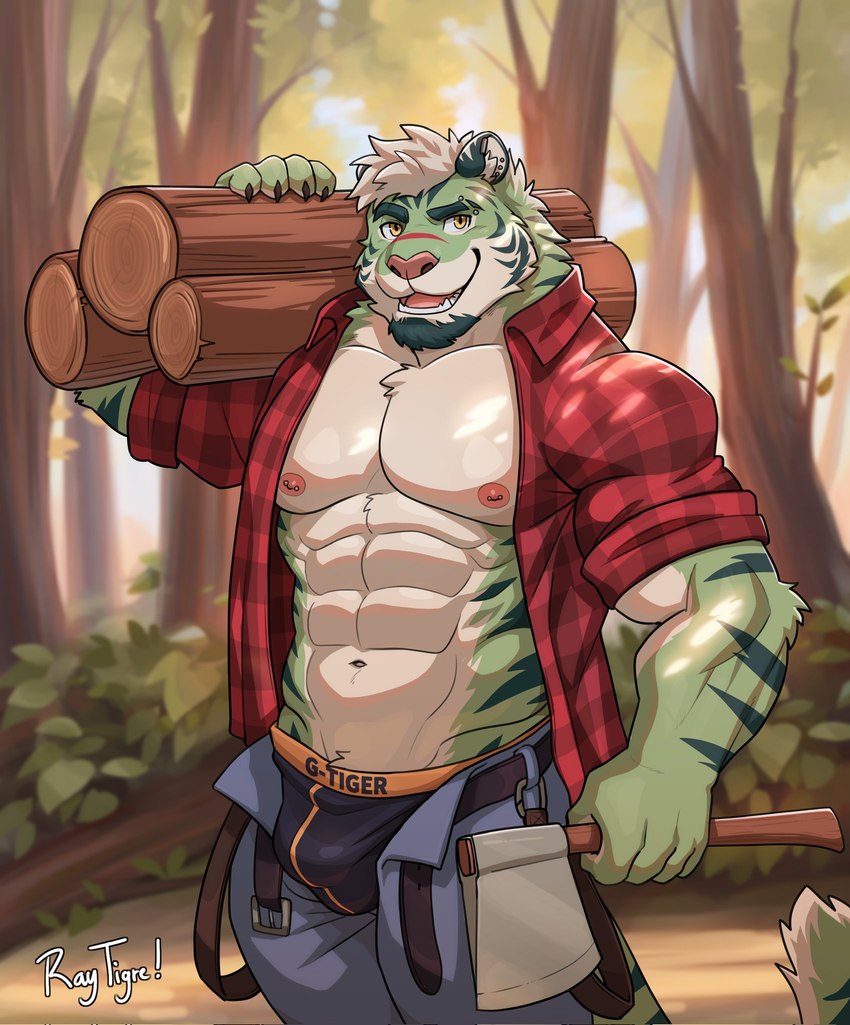 abs anthro axe belt black_clothing black_underwear blue_bottomwear blue_clothing blue_pants bottomwear bulge claws clothed clothing ear_piercing ear_stud facial_hair facial_markings finger_claws forearm_muscles forest fur goatee green_body green_facial_hair green_fur hair head_markings holding_axe holding_log holding_object log male markings muscular muscular_anthro muscular_male navel nipples open_belt open_bottomwear open_clothing open_pants open_shirt open_topwear pants pattern_clothing pattern_shirt pattern_topwear pecs piercing plaid plaid_clothing plaid_shirt plaid_topwear plant red_clothing red_shirt red_topwear rolled_up_sleeves shirt shrub smile snout snout_markings solo striped_body striped_fur stripes topwear tree unbuttoned_shirt underwear white_body white_fur white_hair wood yellow_eyes raytig12 geo_(gtiger) felid mammal pantherine tiger 2024 artist_name hi_res