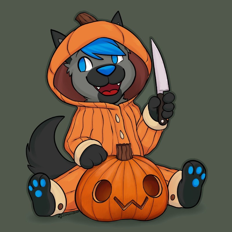 :3 anthro arms_bent black_body black_fur blue_eyes blue_hair blue_nose blue_pawpads cloth extended_legs food fruit fur grey_body grey_fur hair holding_knife holding_object holidays knife looking_aside male open_:3 open_mouth owo pawpads paws plant pumpkin raised_hand sitting smile solo spread_legs spreading teeth tucked_arm young young_anthro canvaskat halloween jerome_blaze canid canine canis mammal wolf 1:1 hi_res