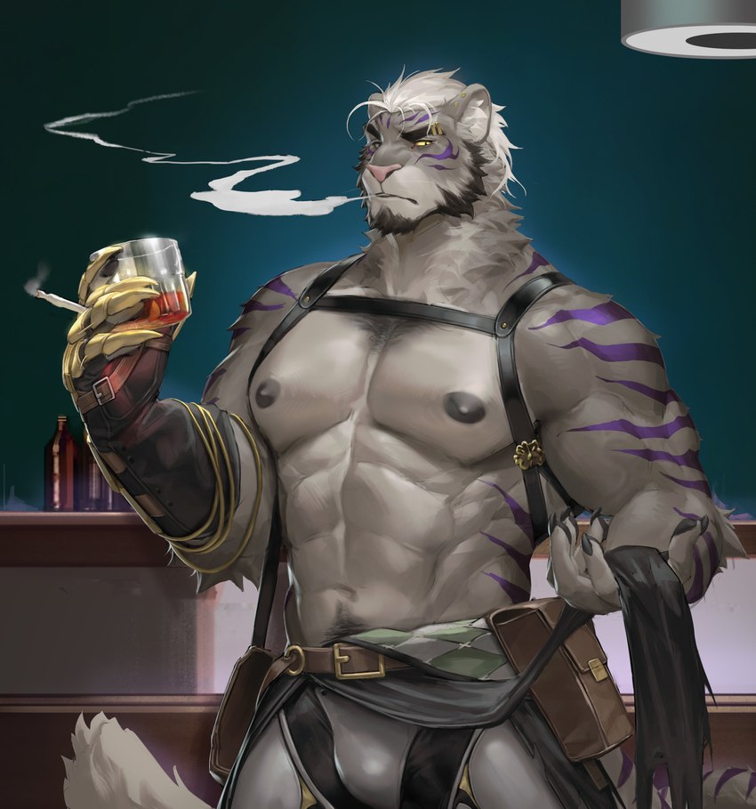 abs alcohol anthro bar barazoku beard belt beverage big_muscles bulge cigarette eyewear facial_hair fur glasses grey_body grey_fur hair harness holding_cigarette holding_eyewear holding_glasses holding_object male muscular muscular_anthro muscular_male nipples pecs pouches shirtless smoke smoking smoking_cigarette solo white_hair yellow_eyes wball sadiend felid mammal pantherine tiger absurd_res hi_res