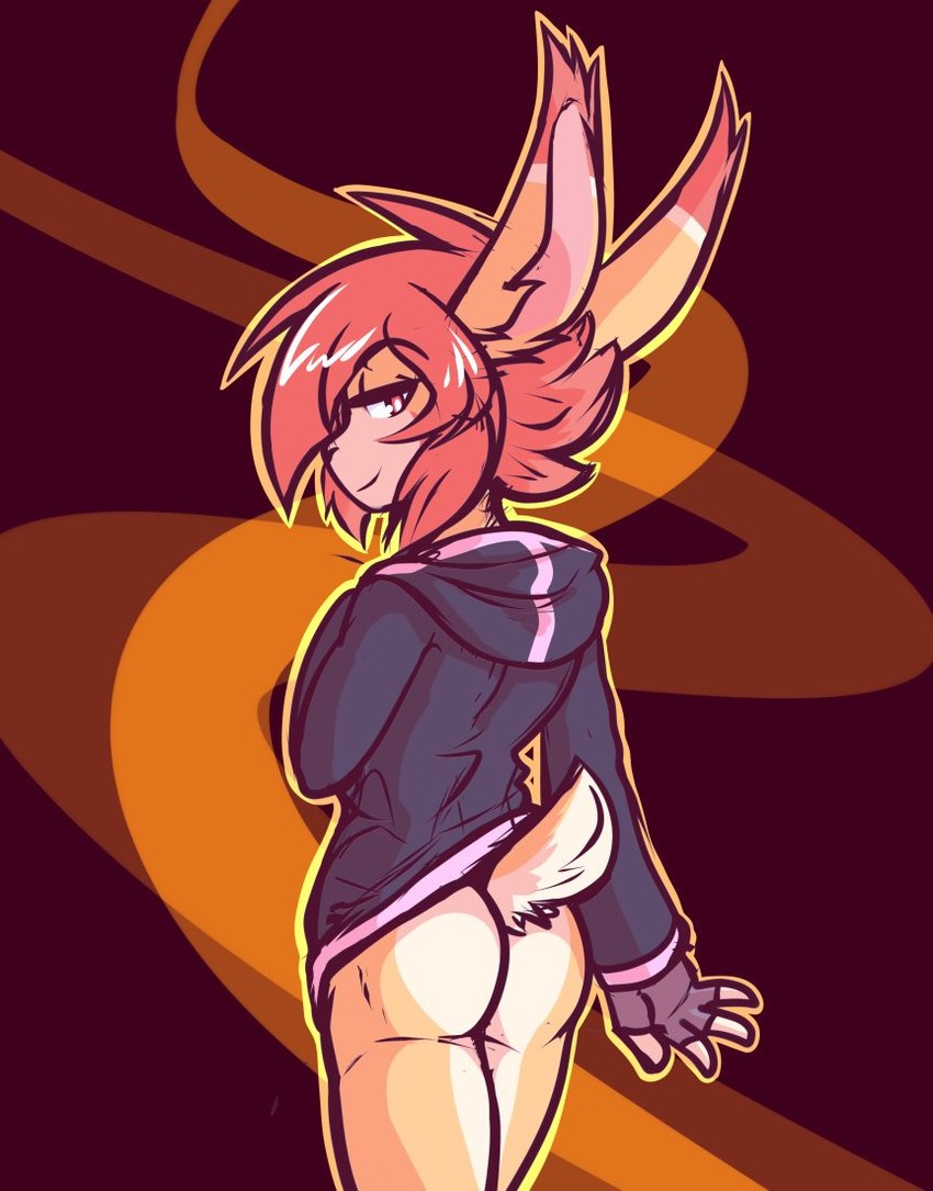 anthro brown_body brown_fur butt clothed clothing fingerless_gloves fingers fur gloves hair handwear hoodie looking_at_viewer male partially_clothed red_hair smile smirk solo topwear crackers faris_(crackers) lagomorph leporid mammal rabbit 2021 digital_media_(artwork)