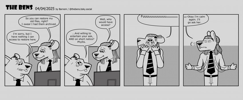 anthro biped bottomwear clothing computer dialogue duo electronics eyes_closed male necktie pants shirt slightly_chubby standing text topwear barnem mammal murid murine rat rodent 2025 comic english_text hi_res monochrome