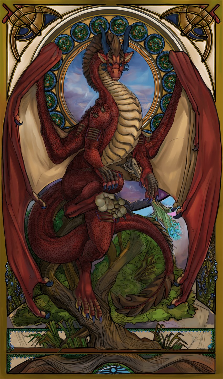 art_nouveau blue_eyes classical claws feral horn leaf looking_at_viewer male membrane_(anatomy) membranous_wings nature nature_background ornament outside plant red_body renaissance scales solo spikes standing tail tree wings yellow_body diorionarh mythology dragon elemental_creature mythological_creature mythological_scalie scalie absurd_res hi_res