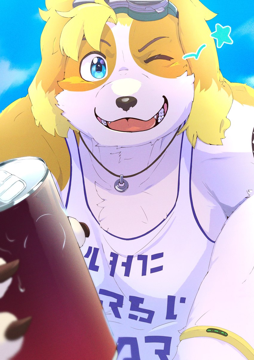 anthro blonde_hair clothing eyewear floppy_ears goggles hair jewelry male necklace offering_beverage one_eye_closed shirt solo tank_top topwear wink gigache lifewonders live_a_hero hisaki_(live_a_hero) canid canine canis domestic_dog mammal absurd_res hi_res