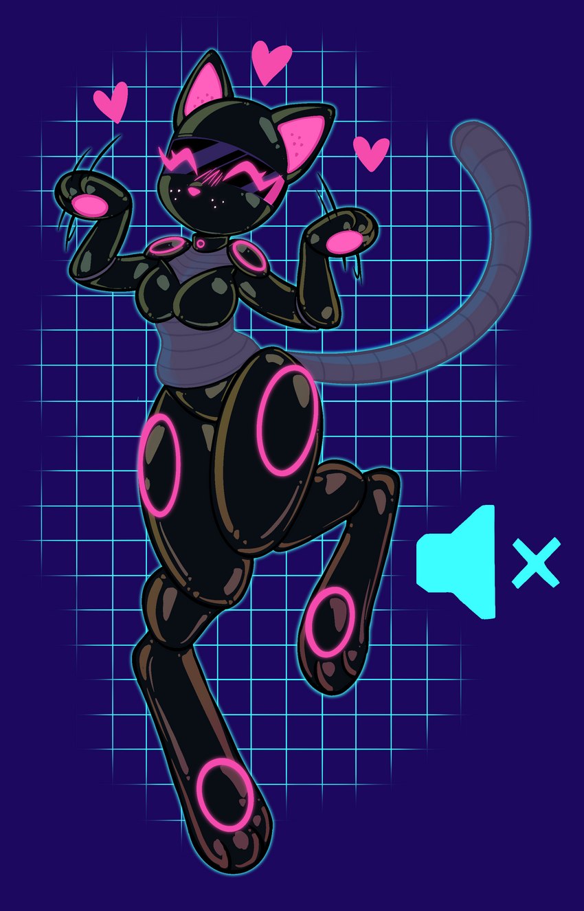 anthro black_body blush blush_lines breasts clothing cybernetics dancing digitigrade eyes_closed female geometric_background grid_background happy heart_symbol latex latex_clothing latex_skinsuit machine mute pattern_background paws purple_background raised_paw rubber_clothing simple_background skinsuit small_breasts solo symbol tight_clothing visor parfaerie nyandroid nyandrone cyborg felid feline mammal 2020 absurd_res digital_media_(artwork) hi_res