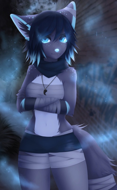 anthro blue_eyes blue_hair breasts clothed clothing female fur hair jewelry midriff navel necklace smile solo standing nayel-ie canid canine felid mammal 2018 absurd_res digital_media_(artwork) hi_res